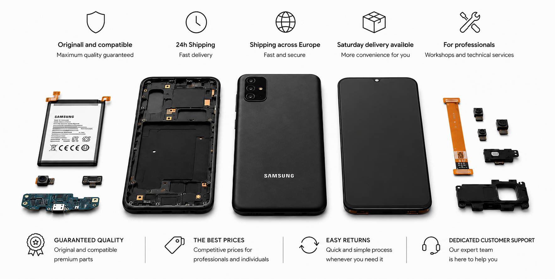 Samsung Galaxy Spare Parts – Original and Compatible Screens, Batteries and Components Original and compatible Samsung Galaxy spare parts including screens, batteries, charging ports, cameras, components and accessories with fast delivery across Europe